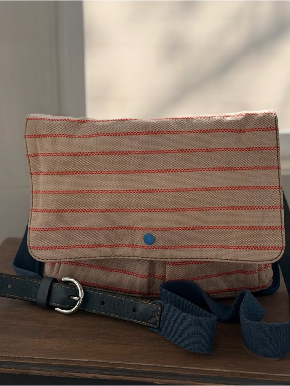 Fossil Beige Canvas Crossbody with Red Stripes and Navy Trim